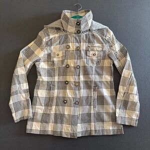 Hurley Double Breasted Plaid Trench Style Hooded Jacket Zip Closure Size L